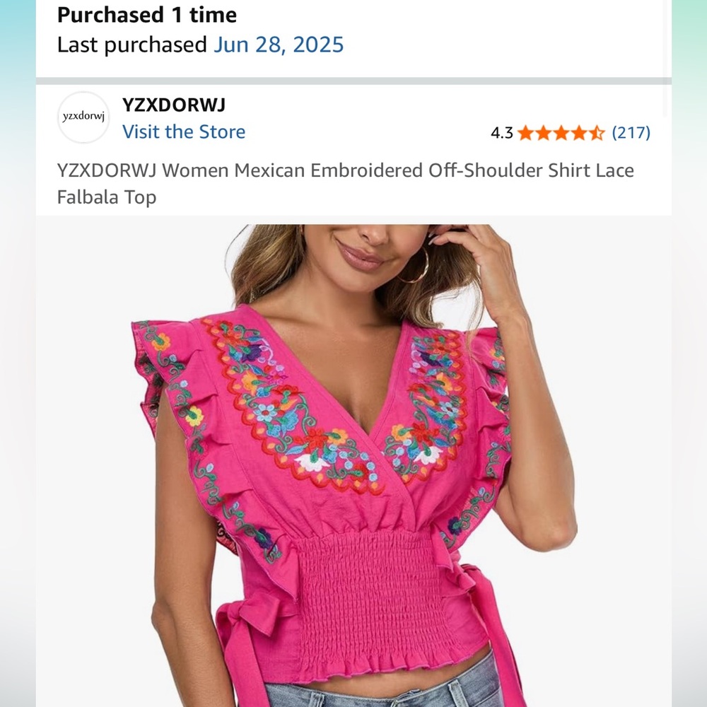 Embroidered Mexican Pink Ruffle Top Tie top bows crop top cinched waist